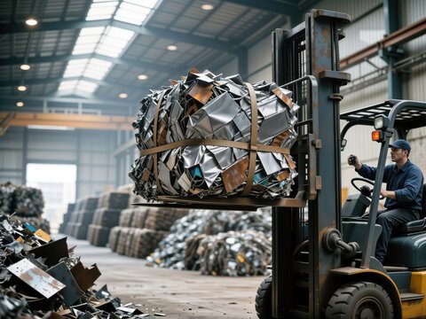 Forklift moving baled metal scrap