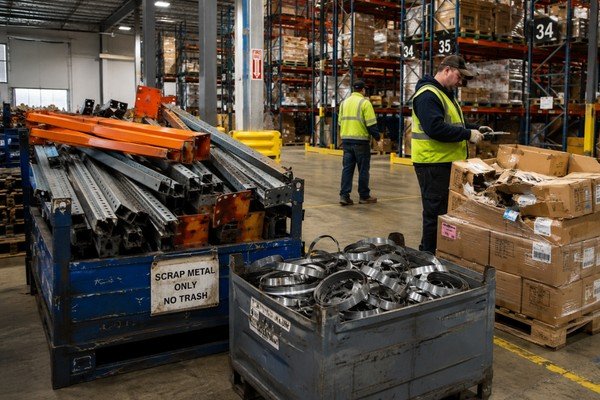 Workers sorting electronic scrap in a warehouse